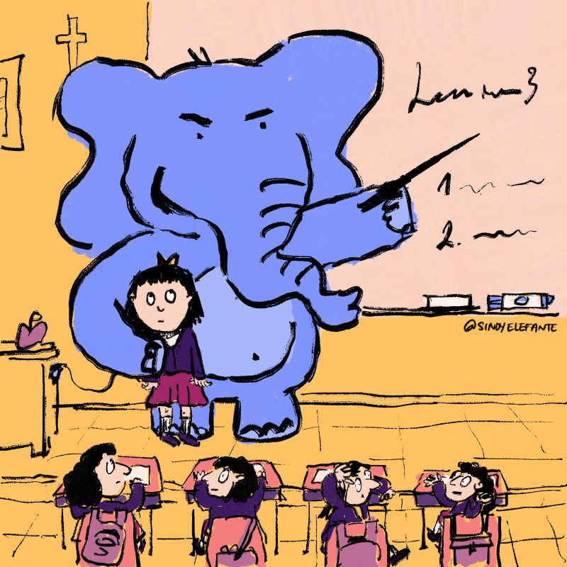 Elefante dictando una clase y teniendo con un brazo a una estudiante en un salón con otras alumnas que lo observan